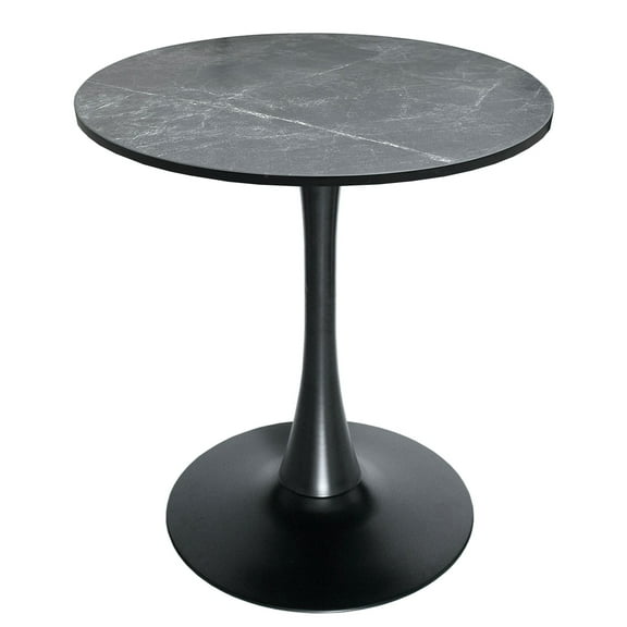 LeisureMod Round Dining Table Modern 27" MDF Wood Tabletop with Steel Pedestal Base for Kitchen and Living Room Bristol Series in Marbled Black