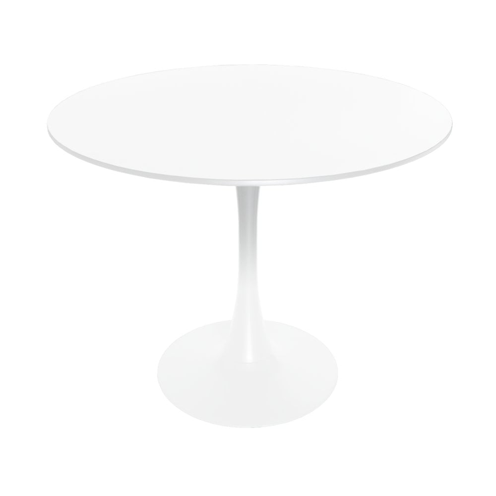 White Mid-Century Modern Round Dining Table with Wood Top