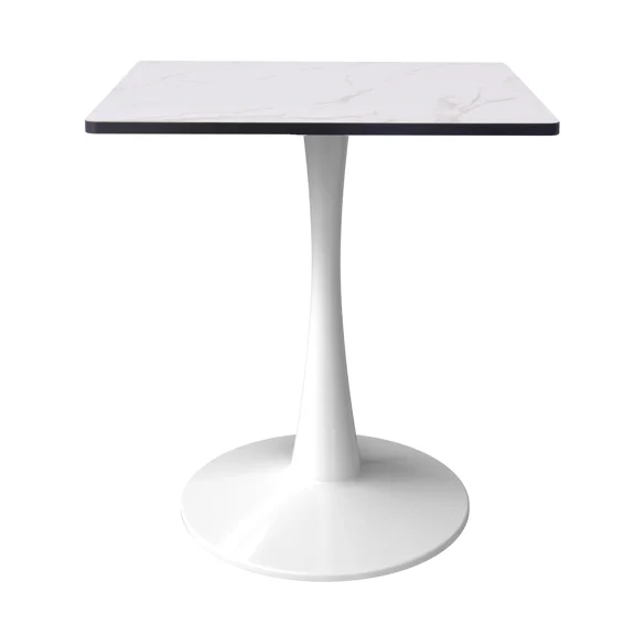 LeisureMod Bristol Square Dining Table with Marbled White MDF Top and White Steel Pedestal Base for Modern Kitchen and Dining Room