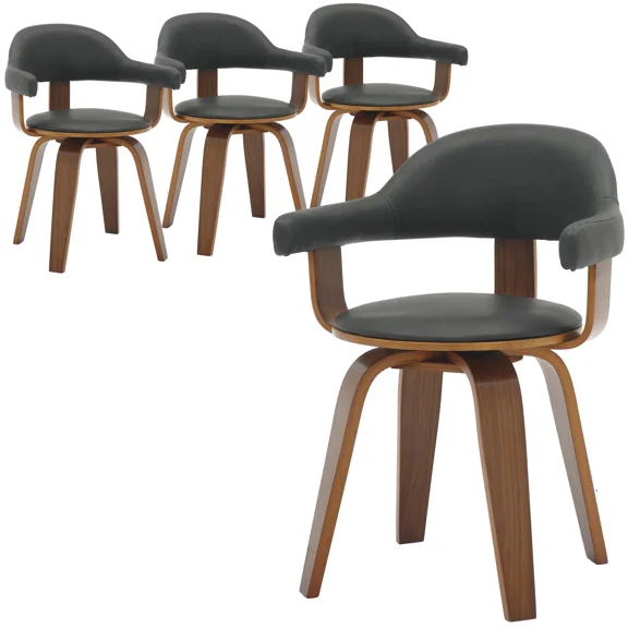 LeisureMod Brivo Leather Dining Chair with Wooden Legs – Open-Back Swivel Armchair with Poplar Wood Base, 360° Rotation for Dining Room or Kitchen Set of 4
