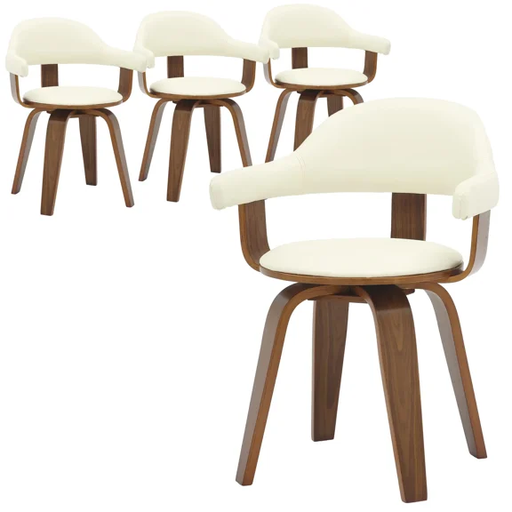 LeisureMod Brivo Leather Dining Chair with Wooden Legs – Open-Back Swivel Armchair with Poplar Wood Base, 360° Rotation for Dining Room or Kitchen Set of 4