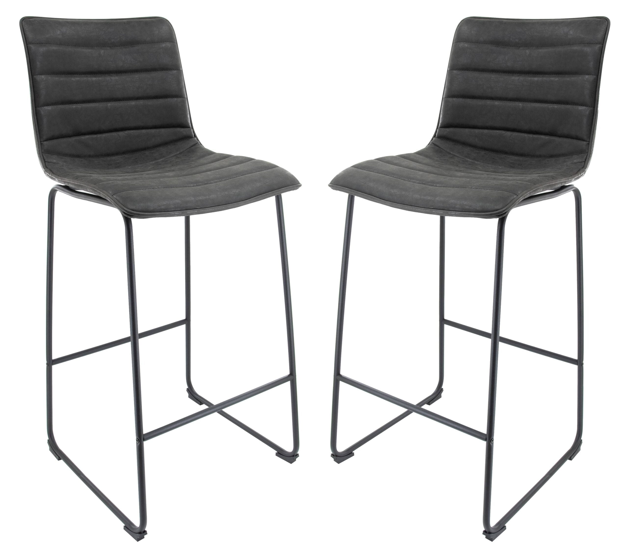 Charcoal Black Modern Leather Bar Stools with Iron Base, Set of 2