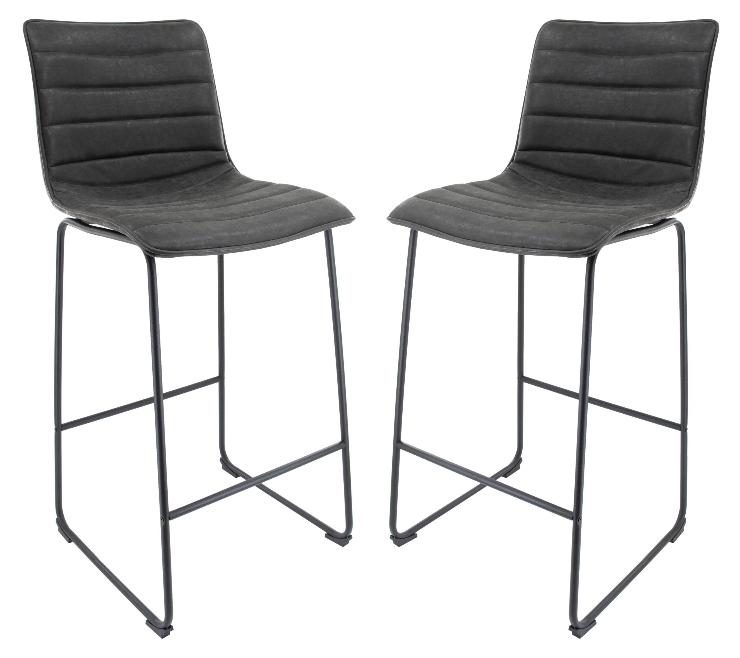 Charcoal Black Modern Leather Bar Stools with Iron Base, Set of 2