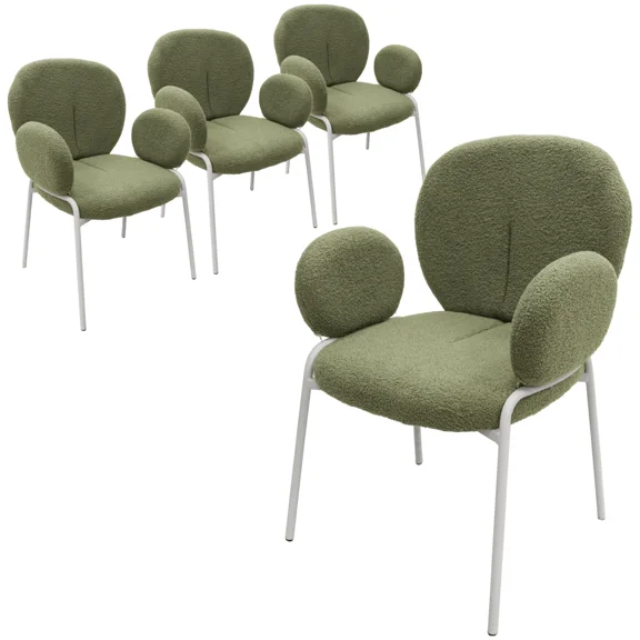 LeisureMod Celestial Dining Arm Chair in Boucle with White Iron Frame Set of 4