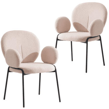 LeisureMod Celestial Mid-Century Modern Boucle Dining Chair Upholstered Seat and Back with Black Powder-Coated Iron Frame Side Chair with Arms for Kitchen and Dining Room Set of 2, Beige