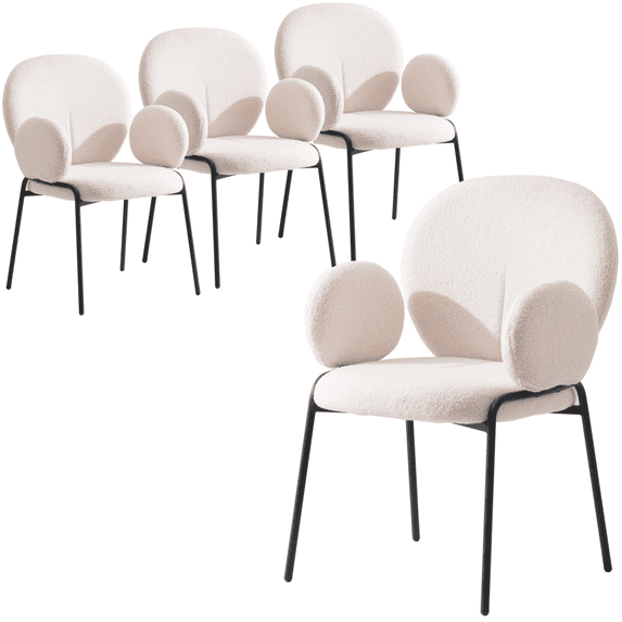 Leisuremod Celestial Series Boucle Dining Arm Chair, Black Frame with White Fabric Set of 4