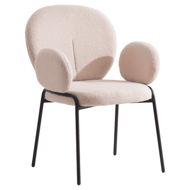 LeisureMod Celestial Mid-Century Modern Boucle Dining Chair Upholstered Seat and Back with Black Powder-Coated Iron Frame Side Chair with Arms for Kitchen and Dining Room, Beige