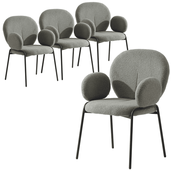 LeisureMod Celestial Mid-Century Modern Boucle Dining Chair Upholstered Seat and Back with Black Powder-Coated Iron Frame Side Chair with Arms for Kitchen and Dining Room Set of 4, Green