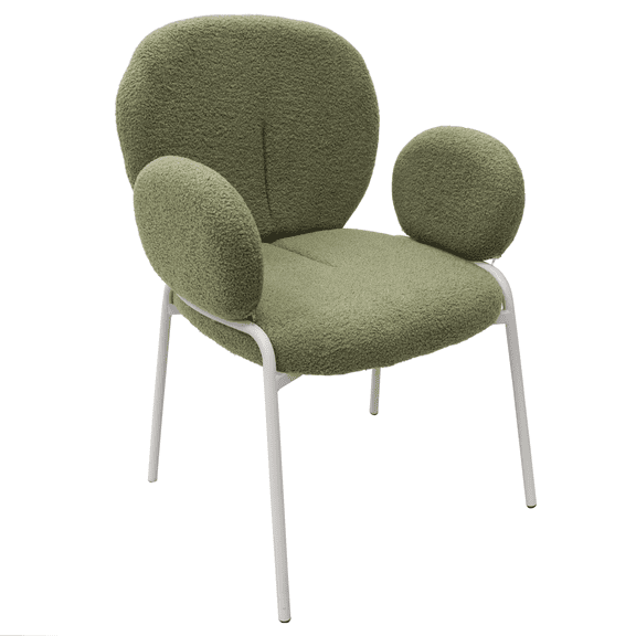LeisureMod Celestial Mid-Century Modern Boucle Dining Chair Upholstered Seat and Back with White Powder-Coated Iron Frame Side Chair with Arms for Kitchen and Dining Room, Green