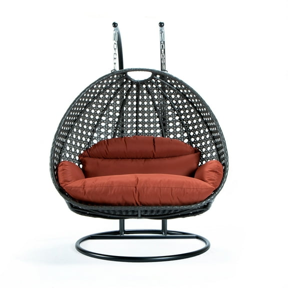 LeisureMod 2 Person Wicker Egg Chair Outdoor Indoor Bedroom Patio Hanging Lounge Swing Hammock Chairs with Black Stand and UV Resistant Cushions (Dark Orange)