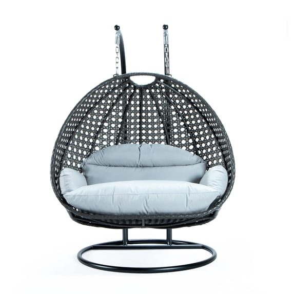 LeisureMod 2 Person Wicker Egg Chair Outdoor Indoor Bedroom Patio Hanging Lounge Swing Hammock Chairs with Black Stand and UV Resistant Cushions (Light Grey)