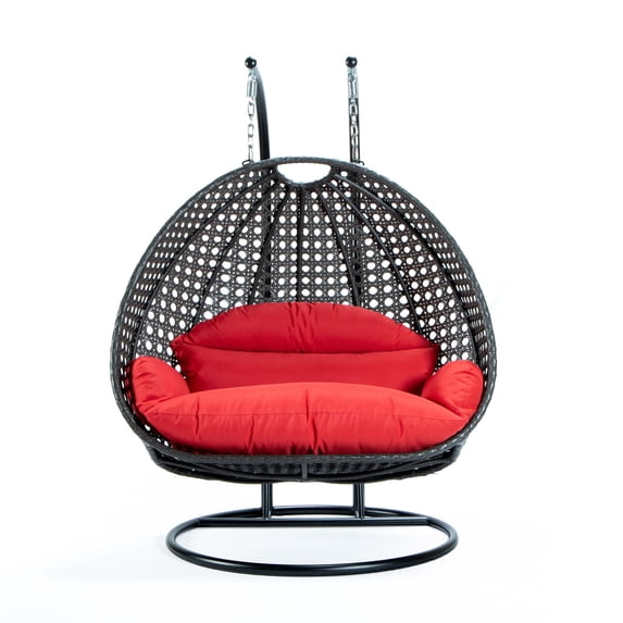 LeisureMod 2 Person Wicker Egg Chair Outdoor Indoor Bedroom Patio Hanging Lounge Swing Hammock Chairs with Black Stand and UV Resistant Cushions (Red)