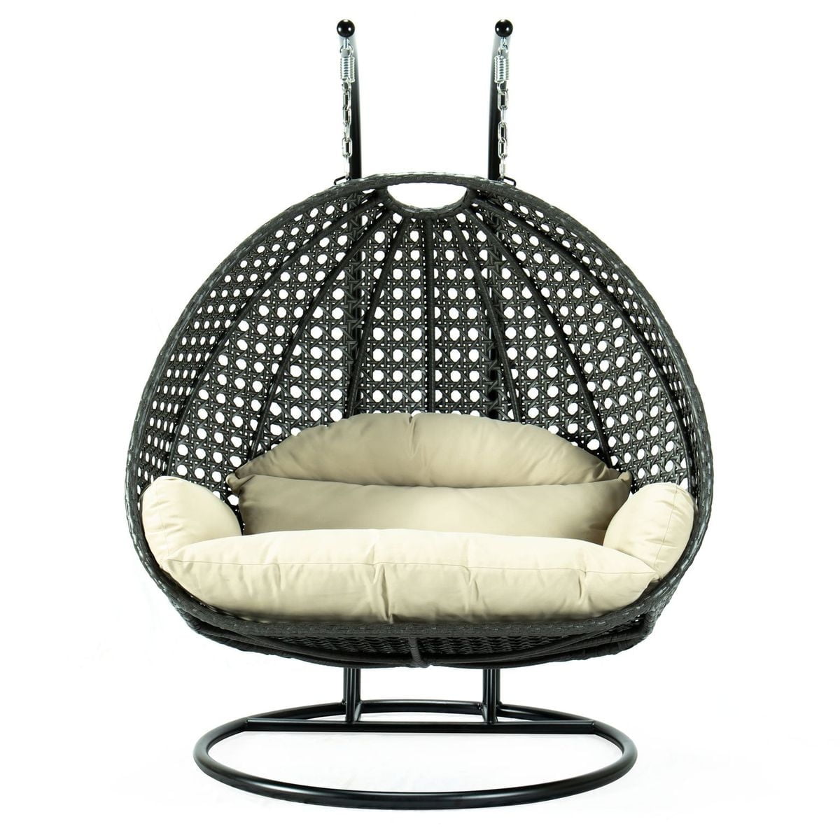 Charcoal Wicker Double Egg Hanging Chair with Taupe Cushions