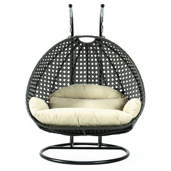 LeisureMod 2 Person Wicker Egg Chair Outdoor Indoor Bedroom Patio Hanging Lounge Swing Hammock Chairs with Black Stand and UV Resistant Cushions (Taupe)