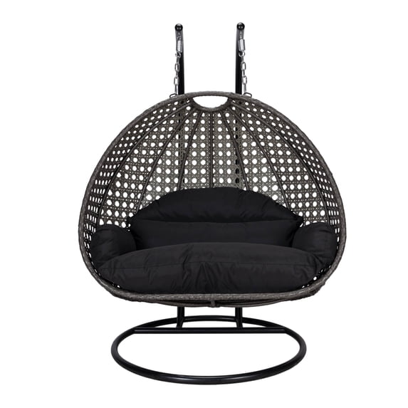 LeisureMod 2 Person Wicker Egg Chair Outdoor Indoor Bedroom Patio Hanging Lounge Swing Hammock Chairs with Black Stand and UV Resistant Cushions (Black)
