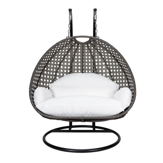 LeisureMod 2 Person Wicker Egg Chair Outdoor Indoor Bedroom Patio Hanging Lounge Swing Hammock Chairs with Black Stand and UV Resistant Cushions (White)