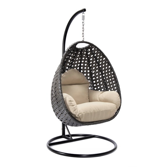 LeisureMod Charcoal Wicker Hanging Egg Chair with Stand and Cushion, Indoor Outdoor Swing for Patio, Bedroom, Garden (Taupe)