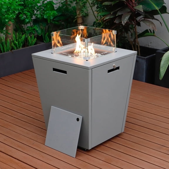 LeisureMod Chelsea 32" Propane Gas Fire Pit Table, Grey Steel CSA-Certified Outdoor Firepit with Tempered Glass Wind Guard & Lid – Patio Heater for Backyard or Garden