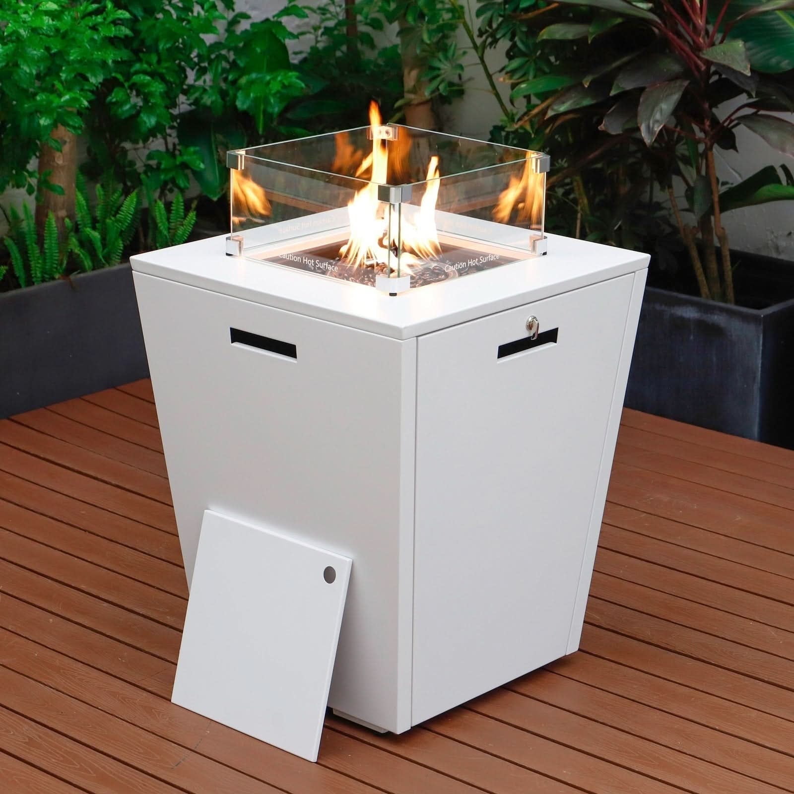LeisureMod Chelsea 32" Propane Gas Fire Pit Table, White Steel CSA-Certified Outdoor Firepit with Tempered Glass Wind Guard & Lid – Patio Heater for Backyard or Garden