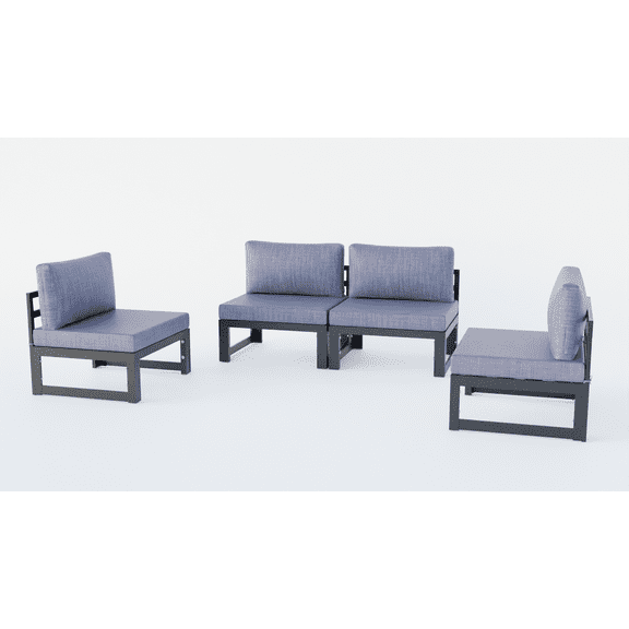 LeisureMod Chelsea 4-Piece Outdoor Armless Patio Sectional Black Aluminum With Blue Cushions