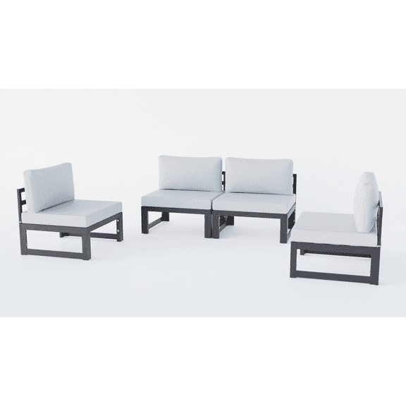 LeisureMod Chelsea 4-Piece Outdoor Armless Patio Sectional Black Aluminum With Light Grey Cushions