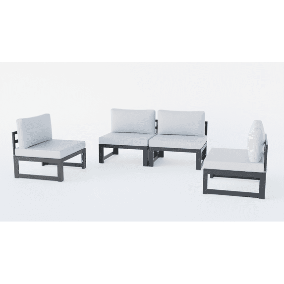 LeisureMod Chelsea 4-Piece Outdoor Armless Patio Sectional Black Aluminum With Light Grey Cushions