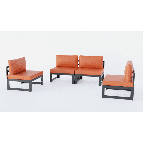 LeisureMod Chelsea 4-Piece Outdoor Armless Patio Sectional Black Aluminum With Orange Cushions