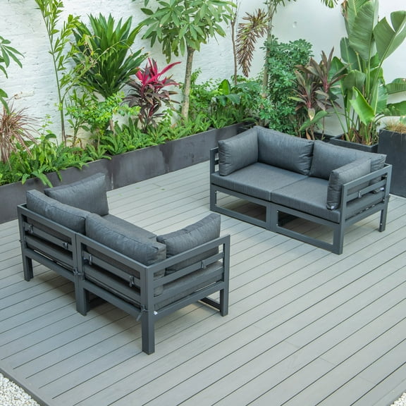 LeisureMod Chelsea 4-Piece Outdoor Patio Sectional Loveseat Set Black Aluminum with Cushions Black