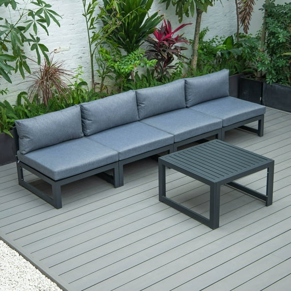 LeisureMod Chelsea 5-Piece Middle Patio Chairs and Coffee Table Set Black Aluminum With Cushions