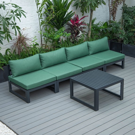 LeisureMod Chelsea 5-Piece Middle Patio Chairs and Coffee Table Set Black Aluminum With Cushions