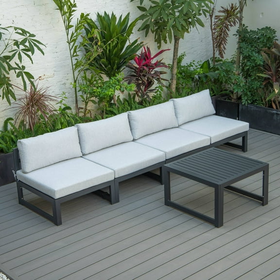 LeisureMod Chelsea 5-Piece Middle Patio Chairs and Coffee Table Set Black Aluminum With Cushions