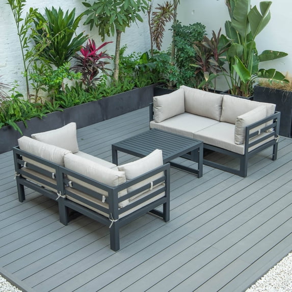 LeisureMod Chelsea 5-Piece Sectional Loveseat and Coffee Table Set Black Aluminum with Cushions
