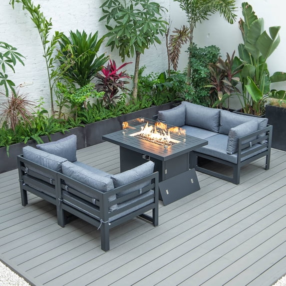 LeisureMod Chelsea 5-Piece Sectional Loveseat and Fireplace Set Black Aluminum with Cushions