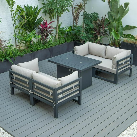 LeisureMod Chelsea 5-Piece Sectional Loveseat and Fireplace Set Black Aluminum with Cushions