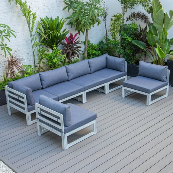 LeisureMod Chelsea 6-Piece Outdoor Patio Sectional Weathered Grey Aluminum With Blue Cushions
