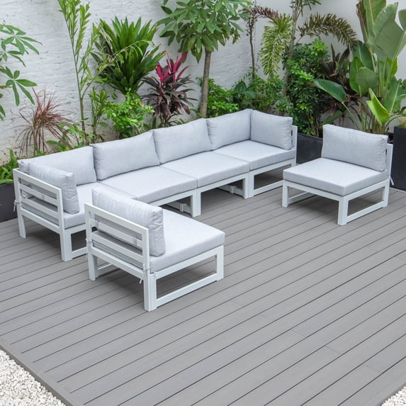 LeisureMod Chelsea 6-Piece Outdoor Patio Sectional White Aluminum With Light Grey Cushions