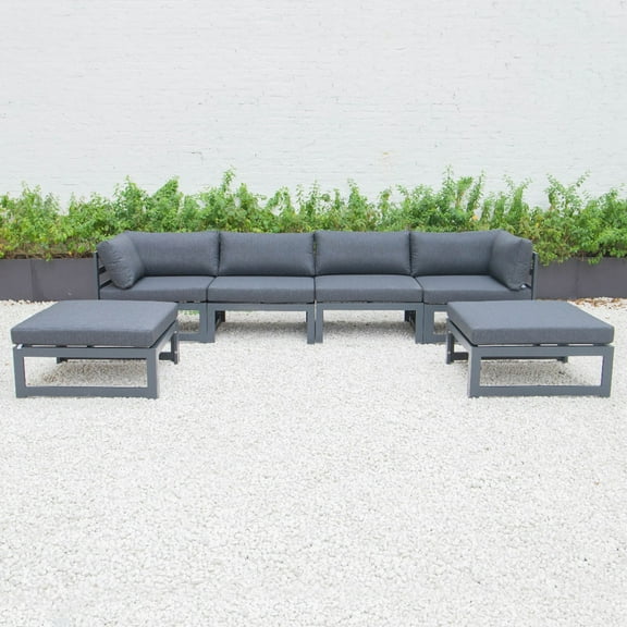 LeisureMod Chelsea 6-Piece Patio Conversation Set Outdoor Sectional Sofa Set Black Aluminum With Ottomans & Cushions in Black