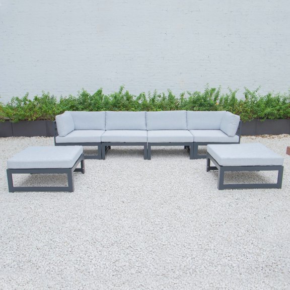 LeisureMod Chelsea 6-Piece Patio Conversation Set Outdoor Sectional Sofa Set Black Aluminum With Ottomans & Cushions in Light Gray
