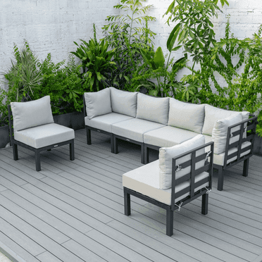 LeisureMod Chelsea 6-Piece Patio Set in Black Aluminum with Beige Cushions