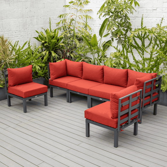 LeisureMod Chelsea 6-Piece Patio Set in Black Aluminum with Red Cushions