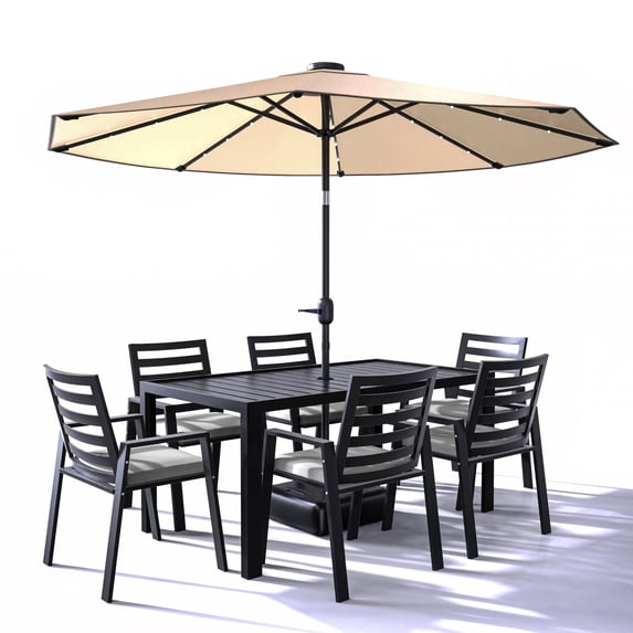 LeisureMod Chelsea Modern 7-Piece Outdoor Dining Set with Aluminum Dining Table and 6 Dining Chairs with Removable Cushions (Light Grey)