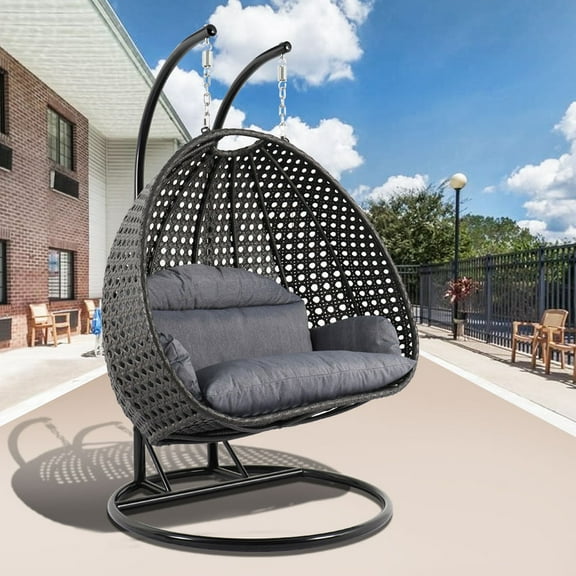 LeisureMod 2 Person Wicker Egg Chair Outdoor Indoor Bedroom Patio Hanging Lounge Swing Hammock Chairs with Black Stand and UV Resistant Cushions With Cover (Charcoal Blue)