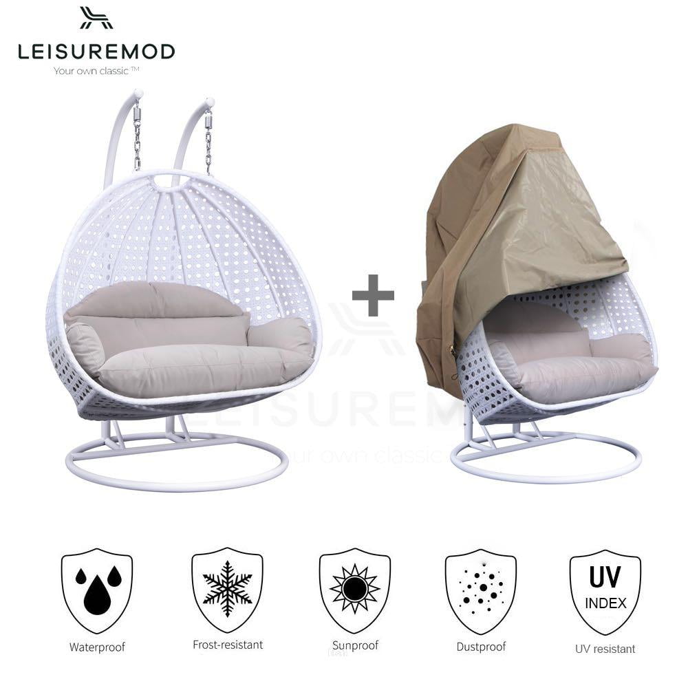 White Iron Double Egg Hanging Chair with Taupe Cushions