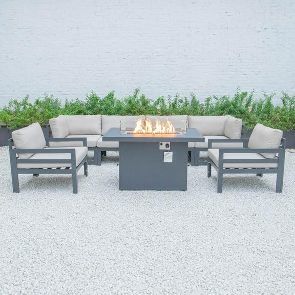 LeisureMod Chelsea 7-Piece Patio Conversation Set Outdoor Sectional Sofa Set Black Aluminum With Fire Pit Table & Cushions in Beige