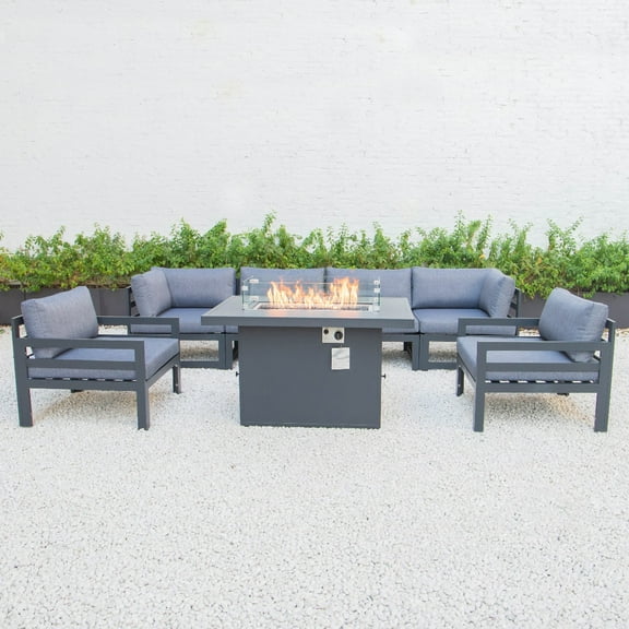 LeisureMod Chelsea 7-Piece Patio Conversation Set Outdoor Sectional Sofa Set Black Aluminum With Fire Pit Table & Cushions in Blue