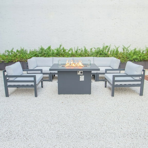 LeisureMod Chelsea 7-Piece Patio Conversation Set Outdoor Sectional Sofa Set Black Aluminum With Fire Pit Table & Cushions in Light Gray