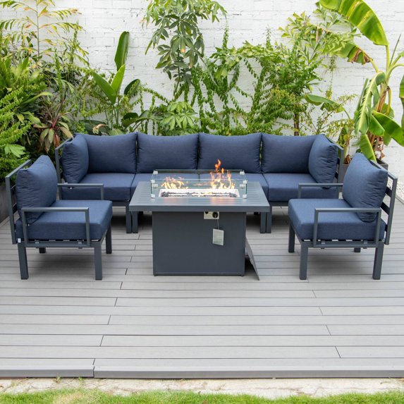 LeisureMod Chelsea 7-Piece Aluminum Outdoor Patio Conversation Set, Outdoor Sofa Seating with Cushions and Fire Pit Table for Backyard, Garden or Deck, Blue