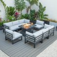 thumbnail image 1 of LeisureMod Chelsea 9-Piece Outdoor Patio Sectional with Fire Pit Table Black Aluminum with Light Grey Cushions, 1 of 13
