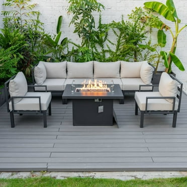 LeisureMod Chelsea Aluminum 7-Piece Outdoor Patio Coversation Set With Fire Pit in Beige
