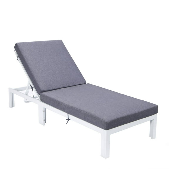 LeisureMod Chelsea Modern Weathered Grey Aluminum Outdoor Chaise Lounge Chair with Blue Cushions